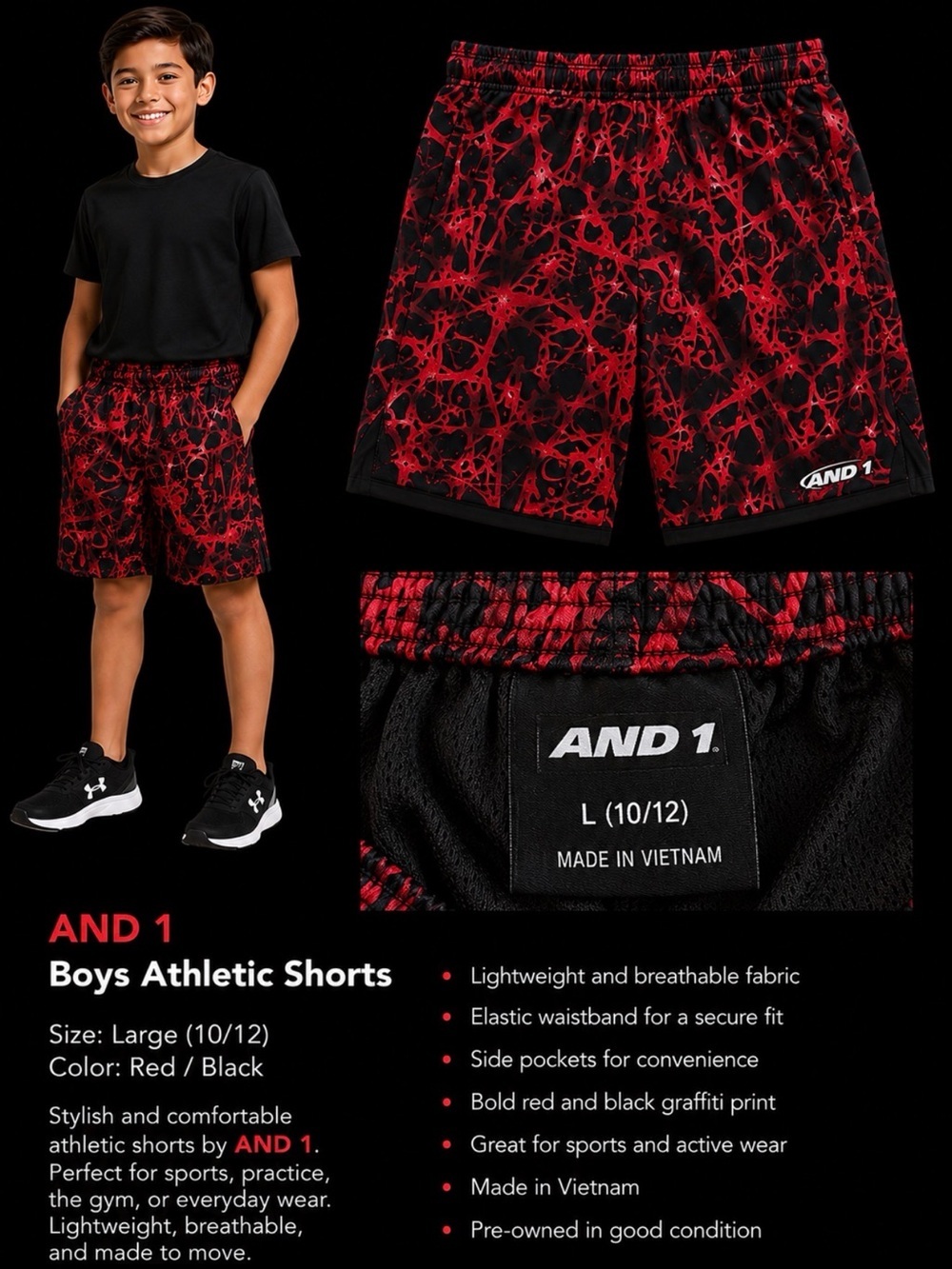 And1 Red & Black Graffiti Print Athletic Shorts